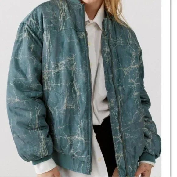 BDG Light Green Marble Print Puffer Bomber Jacket Size S - Picture 5 of 16